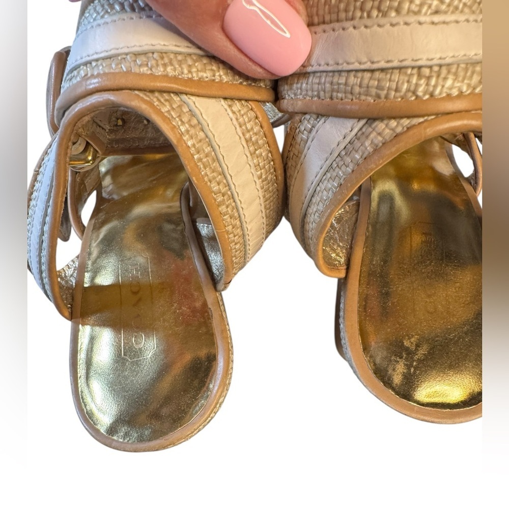 Coach Mariah Gold Raffia Wedge Sandals Size 7B Y2K Resort Glam Platform Heels - Picture 8 of 9